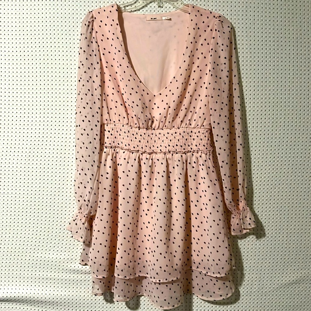 Women’s flirty heart polka dot dress ruffle dress in pink. Size m